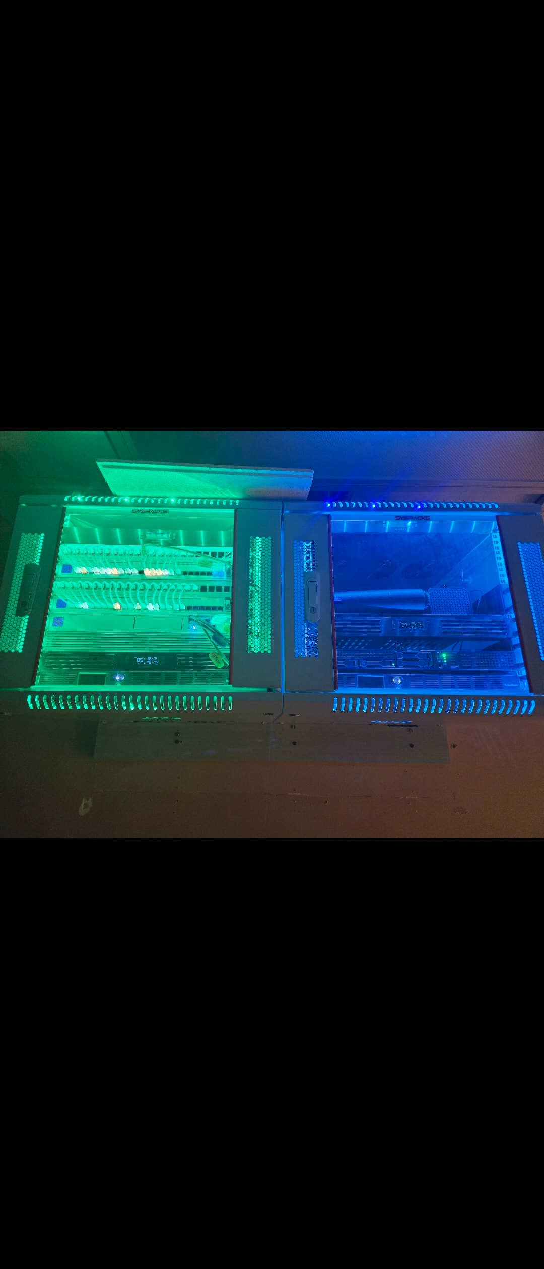 After: clean blue-lit full rack cabinet